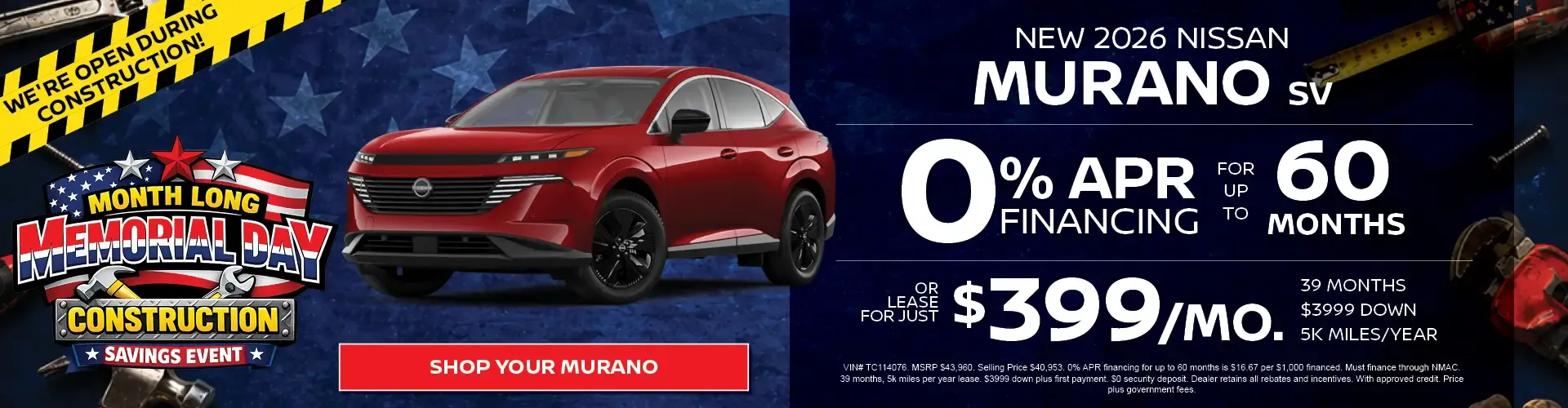 New 2026 Nissan Murano SV zero percent financing for 60 months or lease for 399 dollars monthly Memorial Day event